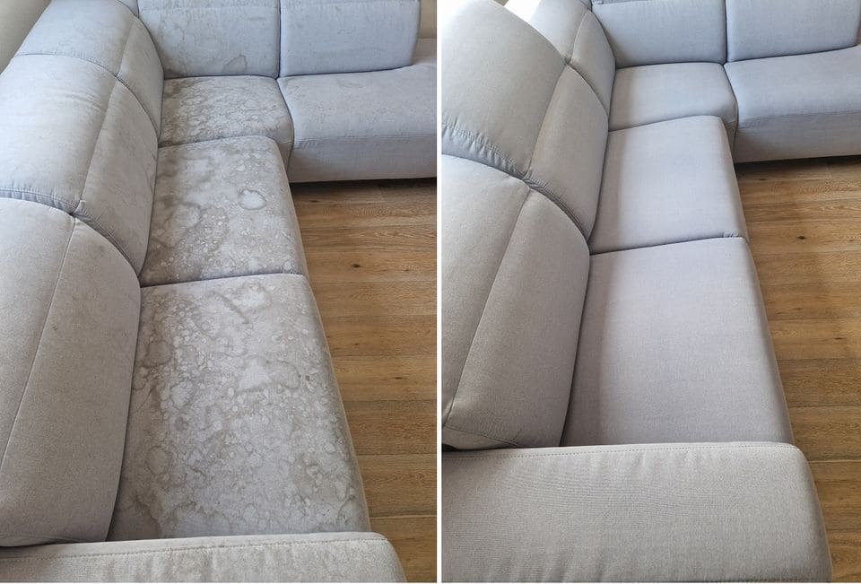 Dramatischer Vorher-Nachher Vergleich einer tiefenverschmutzten Couch vor und nach der professionellen Behandlung durch Konstantins Polsterreinigung